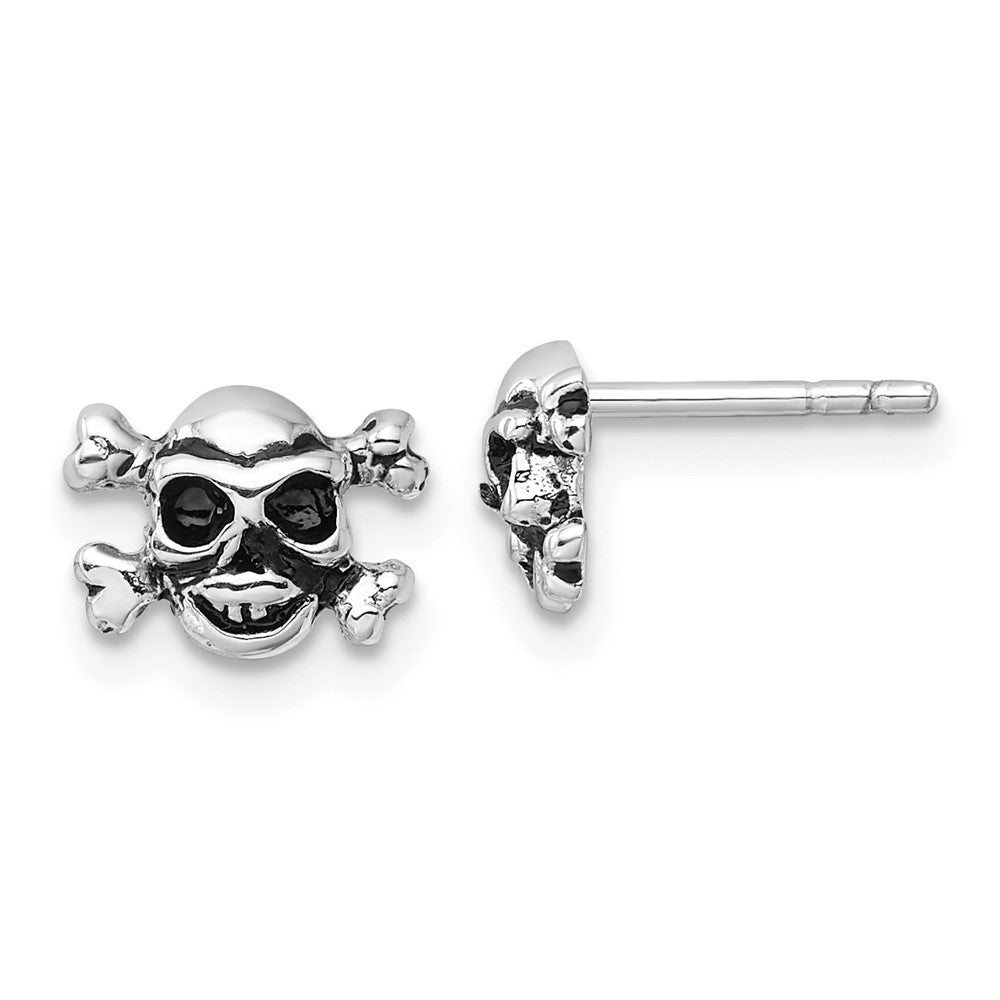 Sterling Silver Rhodium-Plated Antiqued Skull and Crossbones Post Earrings