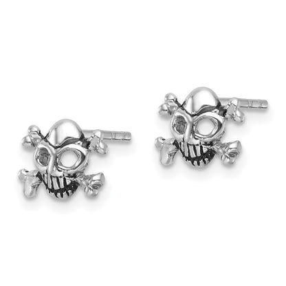 Sterling Silver Rhodium-Plated Antiqued Skull and Crossbones Post Earrings
