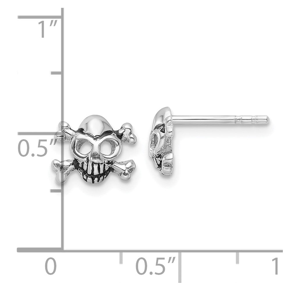 Sterling Silver Rhodium-Plated Antiqued Skull and Crossbones Post Earrings