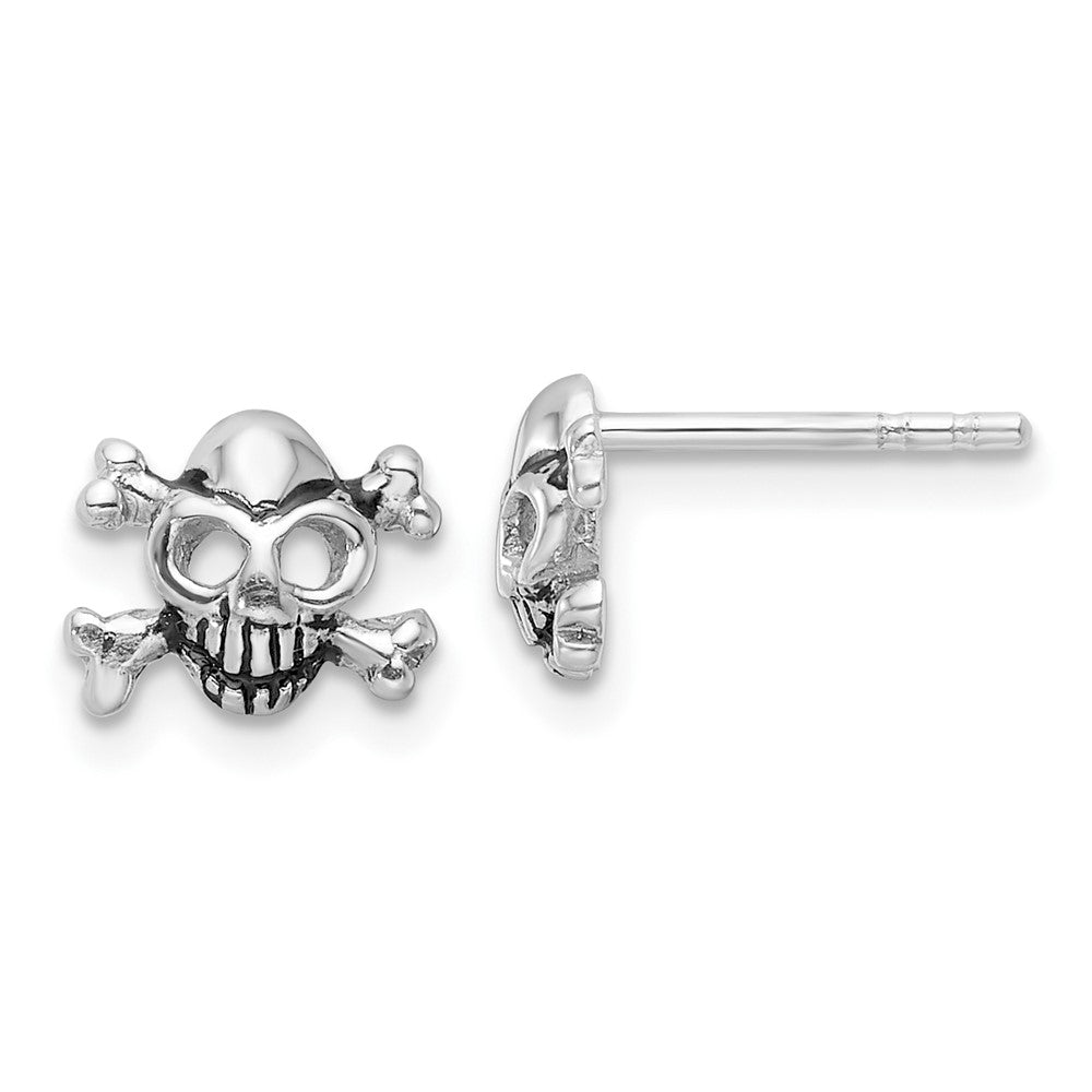 Sterling Silver Rhodium-Plated Antiqued Skull and Crossbones Post Earrings