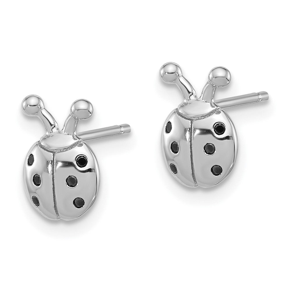 Sterling Silver Flash Platinum-Plated Black Spinel Ladybug Post Earrings