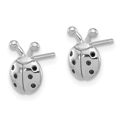Sterling Silver Flash Platinum-Plated Black Spinel Ladybug Post Earrings