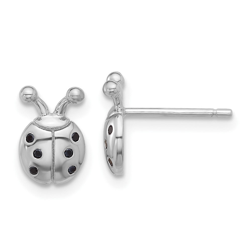 Sterling Silver Flash Platinum-Plated Black Spinel Ladybug Post Earrings