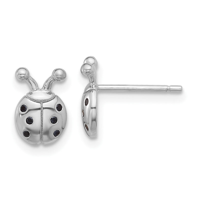 Sterling Silver Flash Platinum-Plated Black Spinel Ladybug Post Earrings