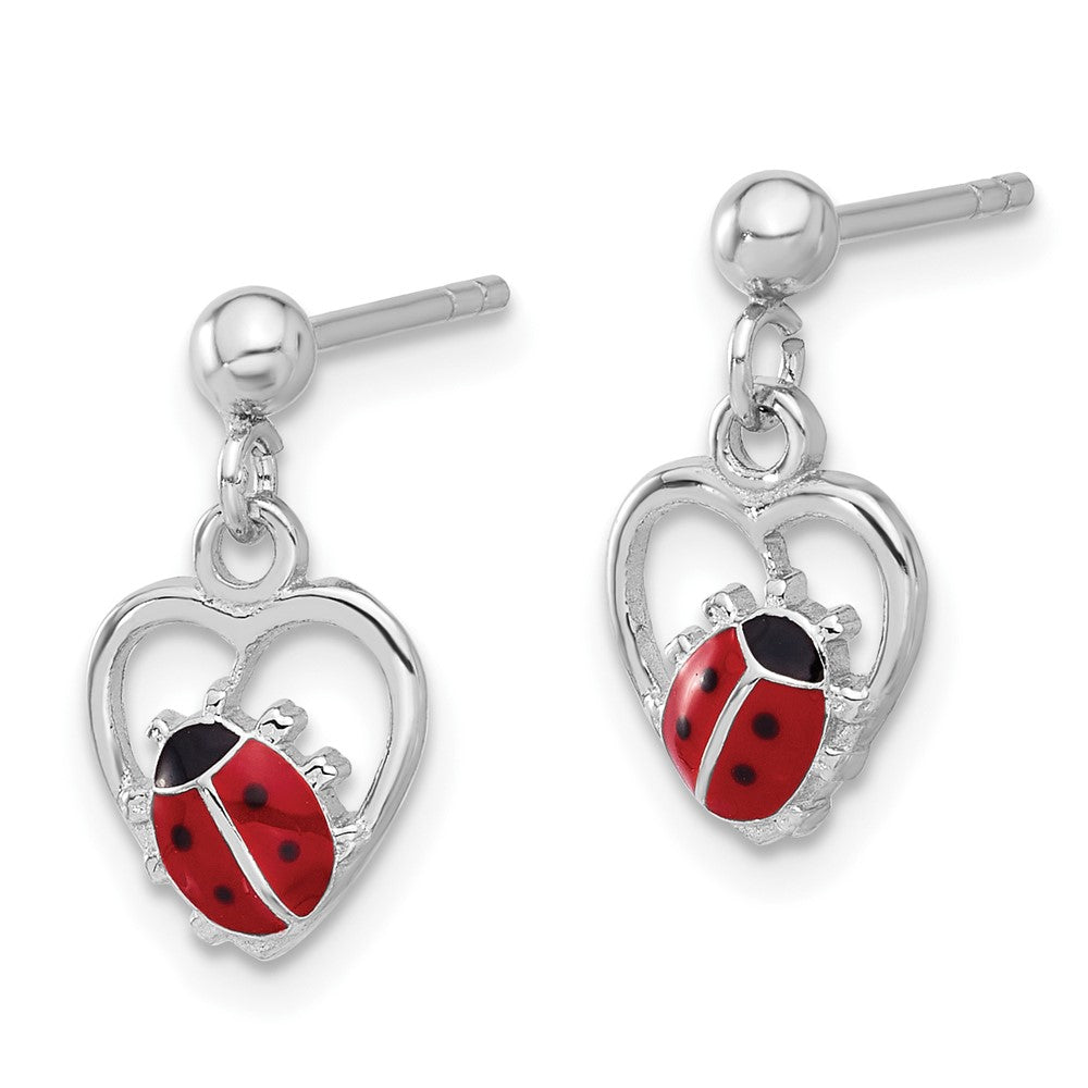 Sterling Silver Rhodium Plated Enameled Ladybug in Heart Post Dangle Earrings