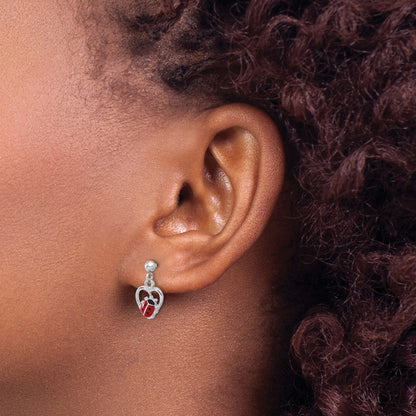 Sterling Silver Rhodium Plated Enameled Ladybug in Heart Post Dangle Earrings