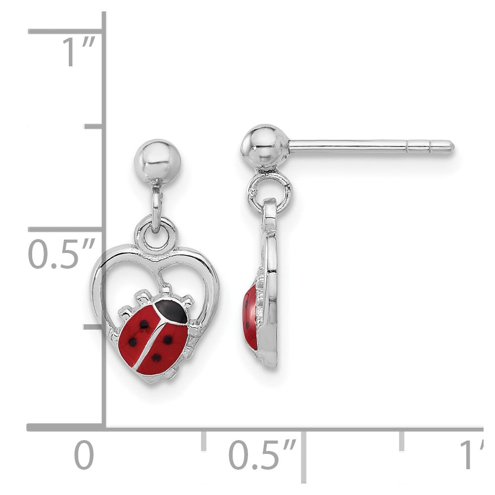 Sterling Silver Rhodium Plated Enameled Ladybug in Heart Post Dangle Earrings