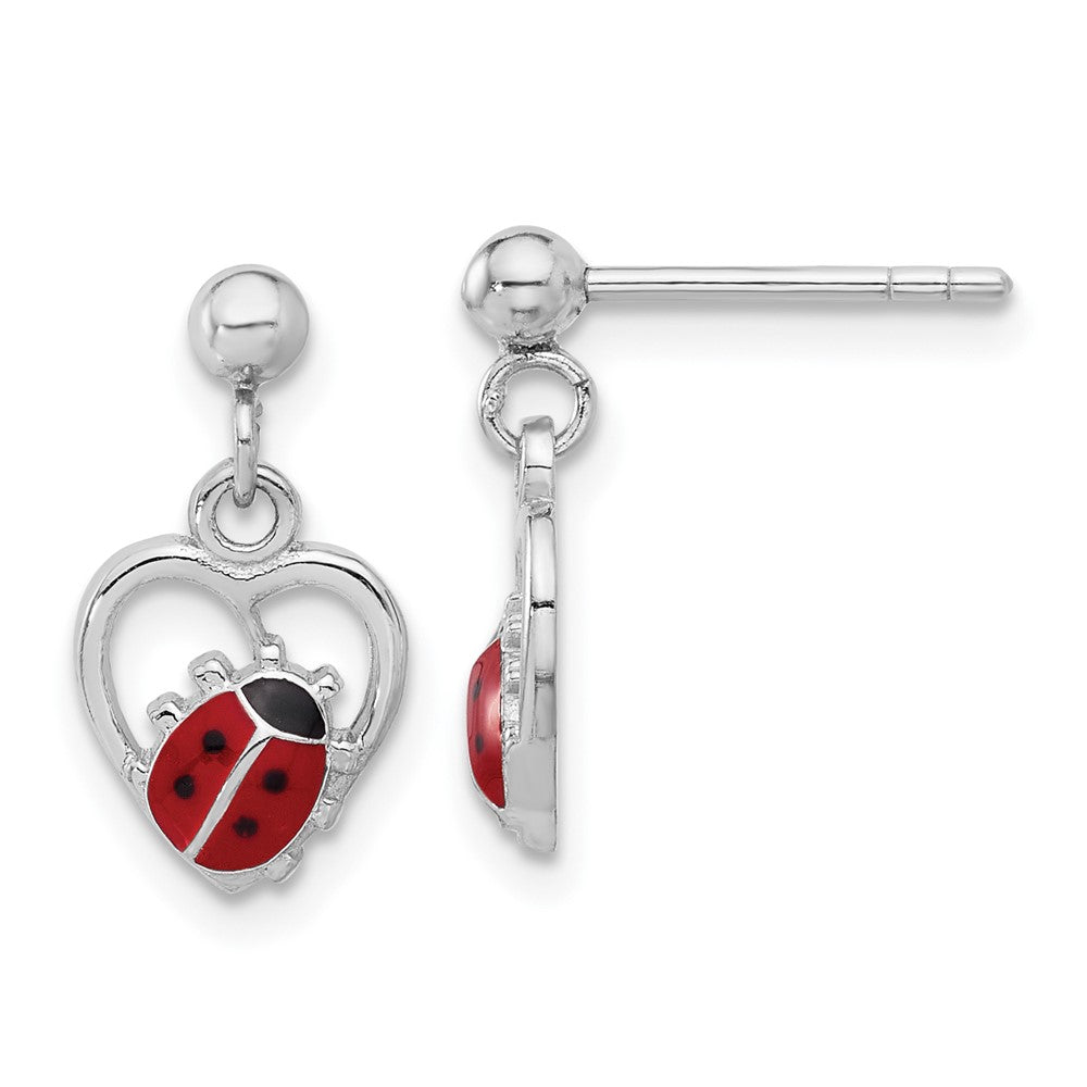 Sterling Silver Rhodium Plated Enameled Ladybug in Heart Post Dangle Earrings