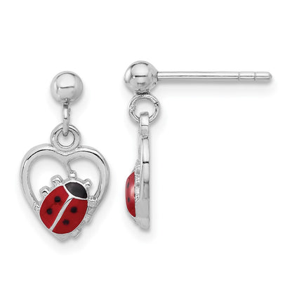 Sterling Silver Rhodium Plated Enameled Ladybug in Heart Post Dangle Earrings