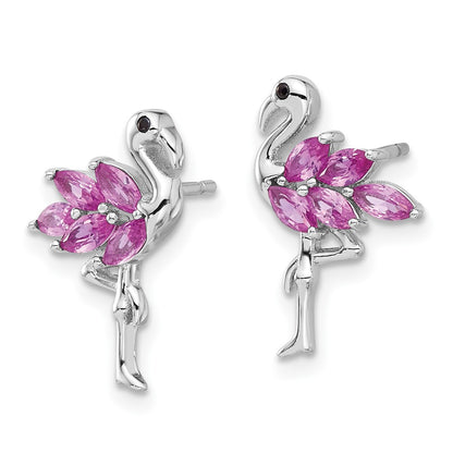 Sterling Silver Rhodium Plated Pink Crystal Flamingo Post Earrings
