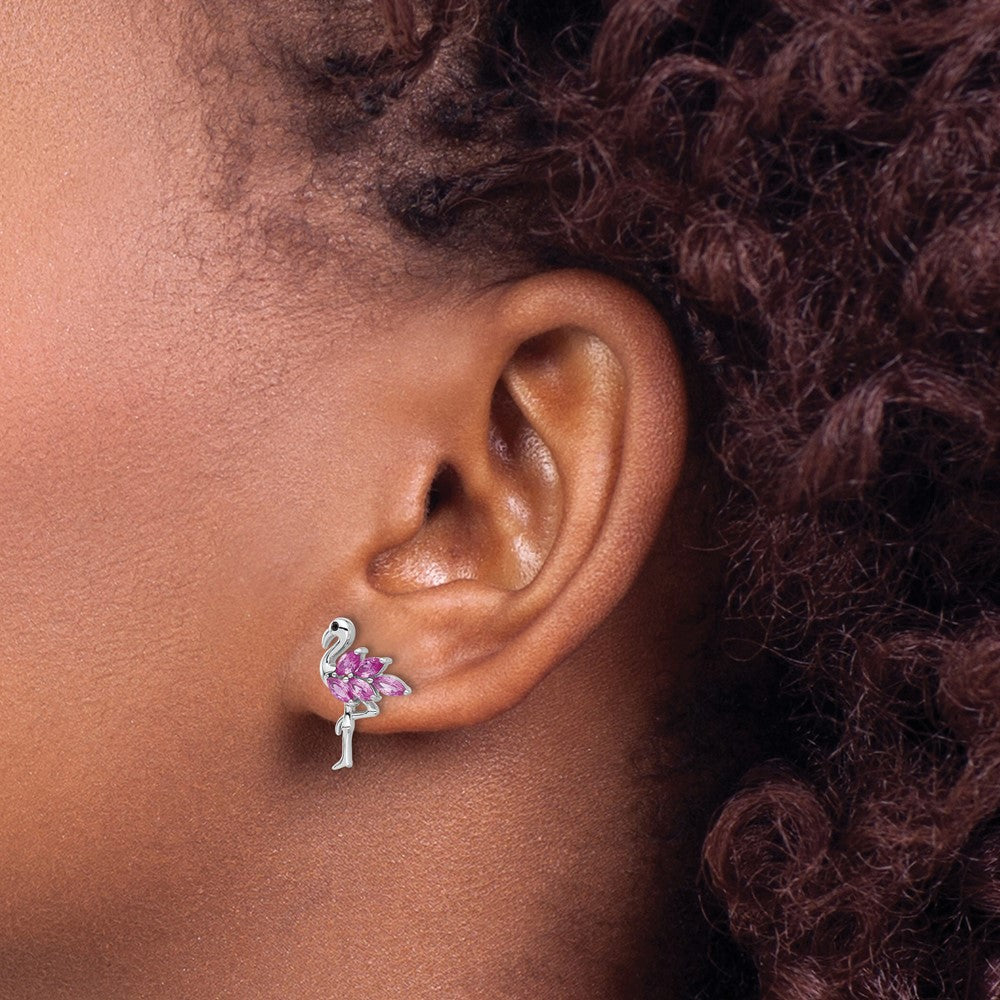 Sterling Silver Rhodium Plated Pink Crystal Flamingo Post Earrings