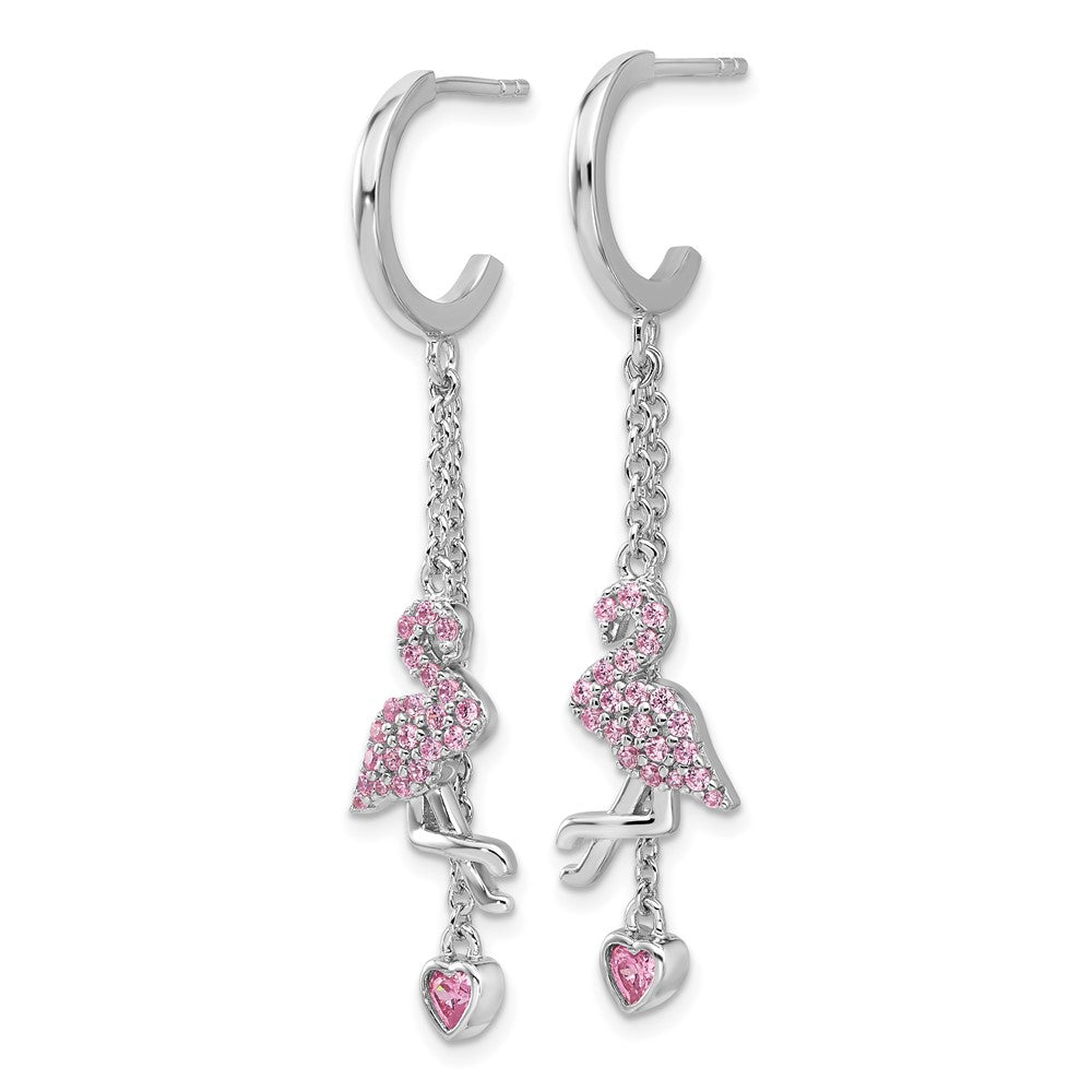 Sterling Silver Rhodium-Plated Pink CZ Flamingo Heart Post Hoop Earrings