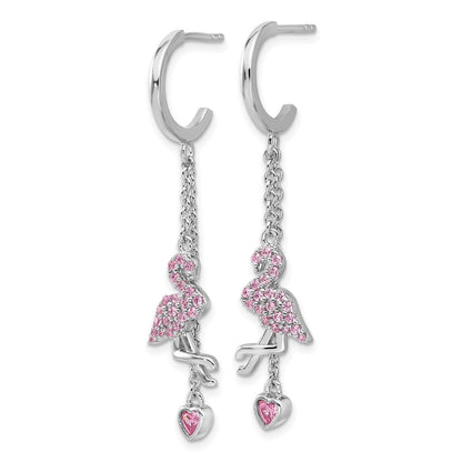Sterling Silver Rhodium-Plated Pink CZ Flamingo Heart Post Hoop Earrings