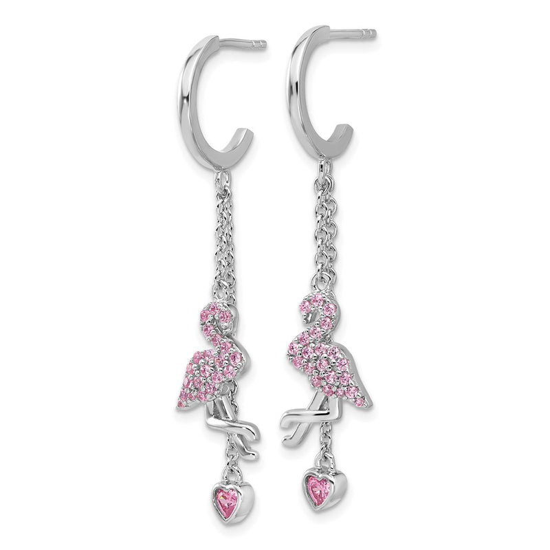 Sterling Silver Rhodium-Plated Pink CZ Flamingo Heart Post Hoop Earrings