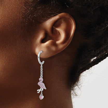 Sterling Silver Rhodium-Plated Pink CZ Flamingo Heart Post Hoop Earrings