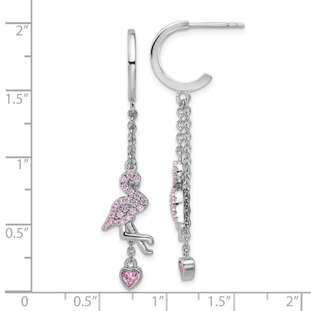 Sterling Silver Rhodium-Plated Pink CZ Flamingo Heart Post Hoop Earrings