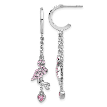 Sterling Silver Rhodium-Plated Pink CZ Flamingo Heart Post Hoop Earrings