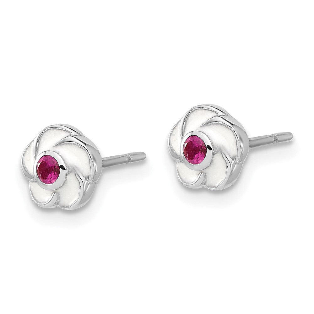 Sterling Silver Rhodium-Plated Madi K Enamel Pink CZ Flower Post Earrings