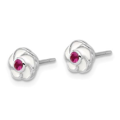 Sterling Silver Rhodium-Plated Madi K Enamel Pink CZ Flower Post Earrings