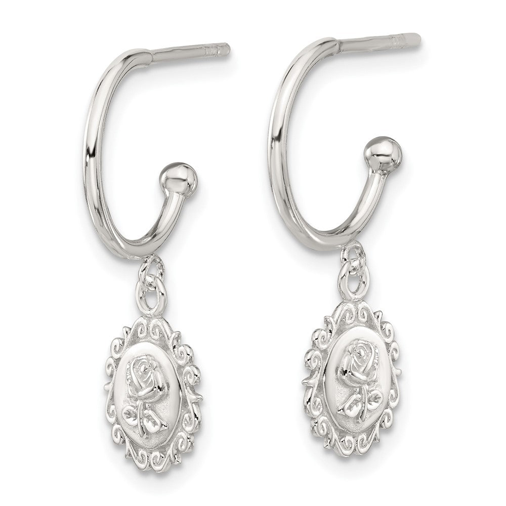Sterling Silver E-Coated Rose Dangle Post Hoop Earrings