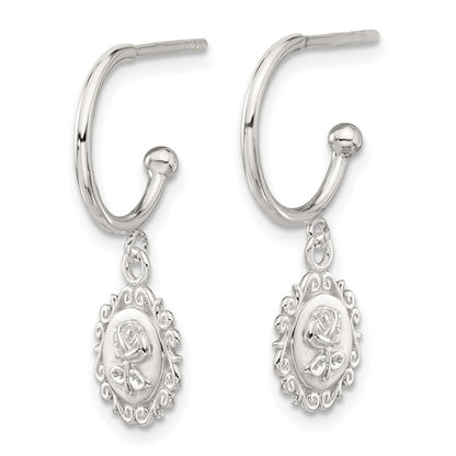 Sterling Silver E-Coated Rose Dangle Post Hoop Earrings