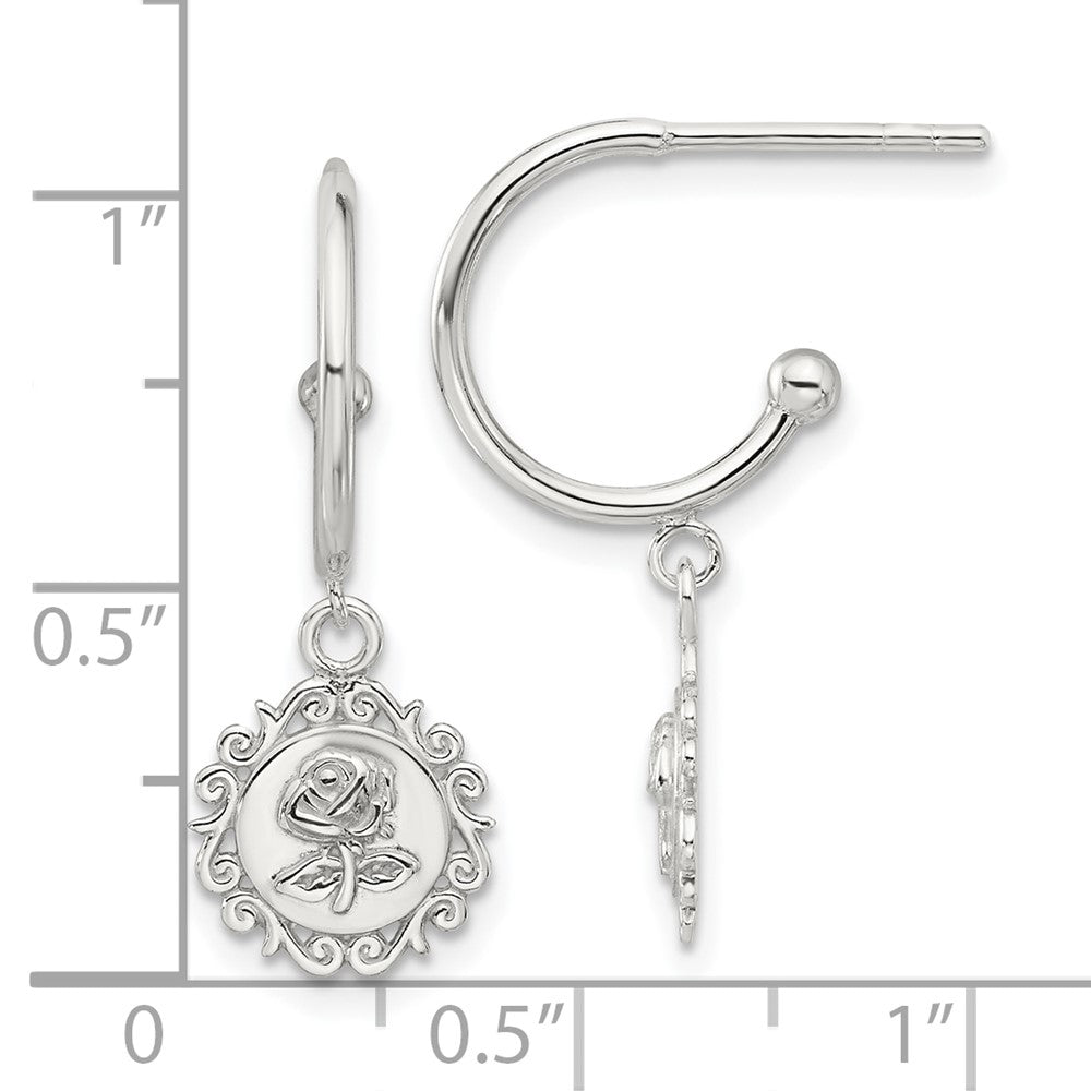 Sterling Silver E-Coated Rose Dangle Post Hoop Earrings