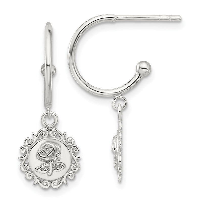 Sterling Silver E-Coated Rose Dangle Post Hoop Earrings