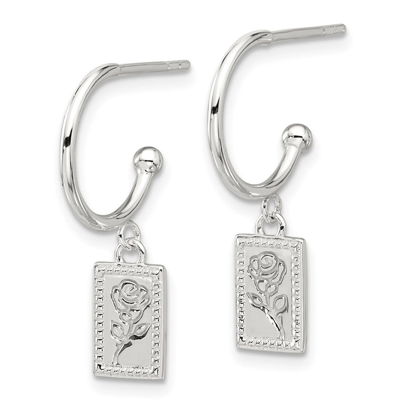 Sterling Silver E-Coated Rose Dangle Post Hoop Earrings