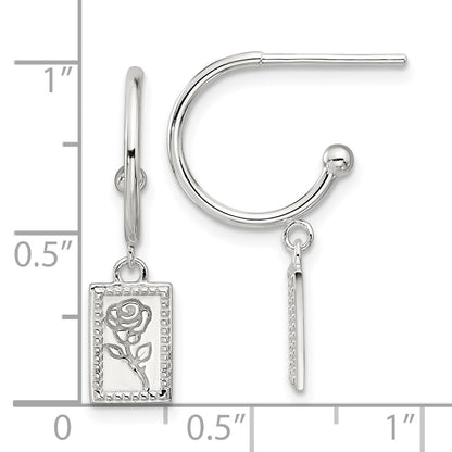 Sterling Silver E-Coated Rose Dangle Post Hoop Earrings