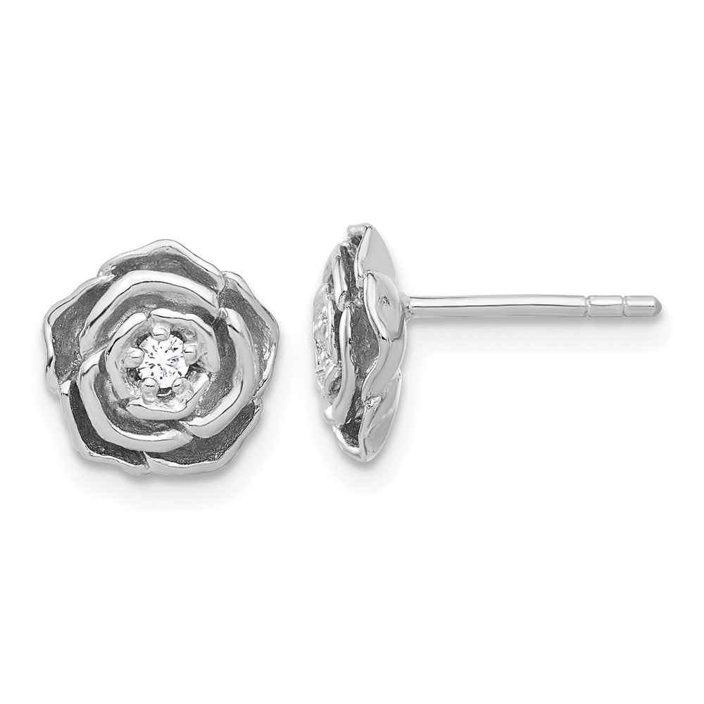 Sterling Silver Rhodium-Plated CZ Flower Post Earrings