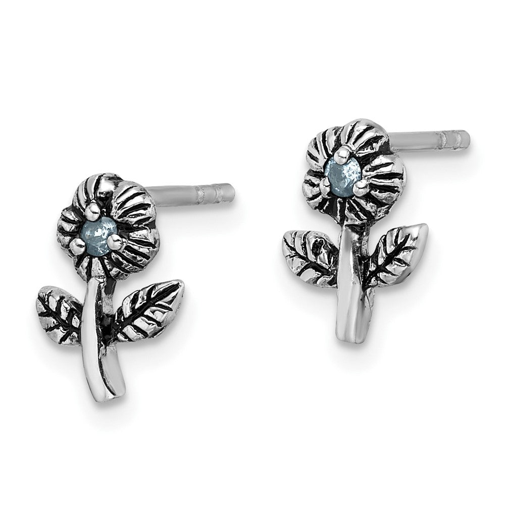 Sterling Silver Rhodium-Plated Antiqued W/blue CZ Flower Post Earrings