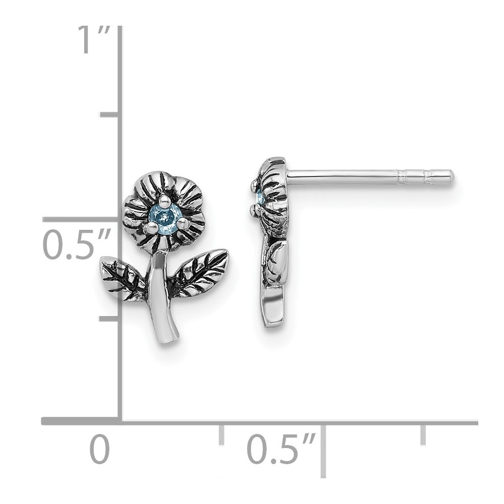 Sterling Silver Rhodium-Plated Antiqued W/blue CZ Flower Post Earrings