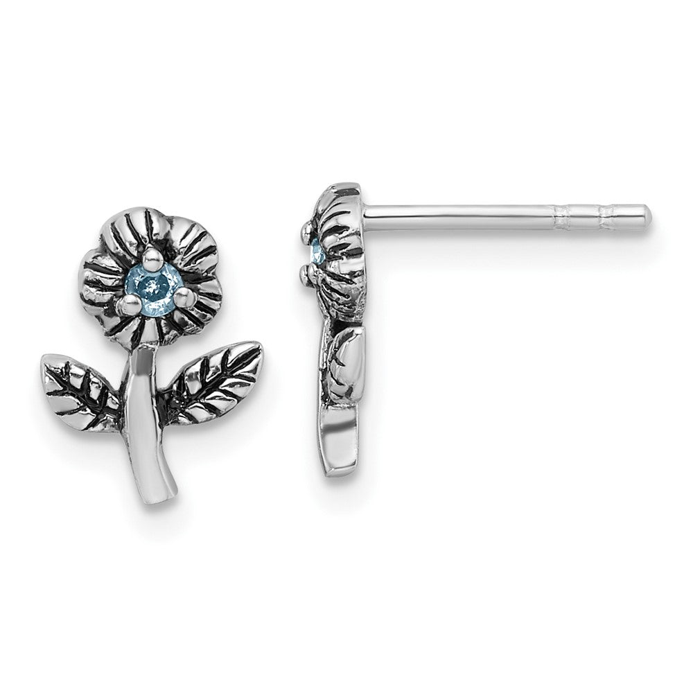 Sterling Silver Rhodium-Plated Antiqued W/blue CZ Flower Post Earrings