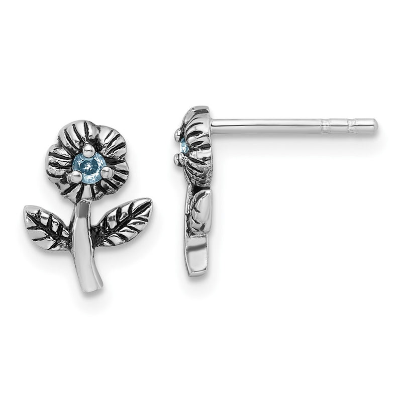 Sterling Silver Rhodium-Plated Antiqued W/blue CZ Flower Post Earrings