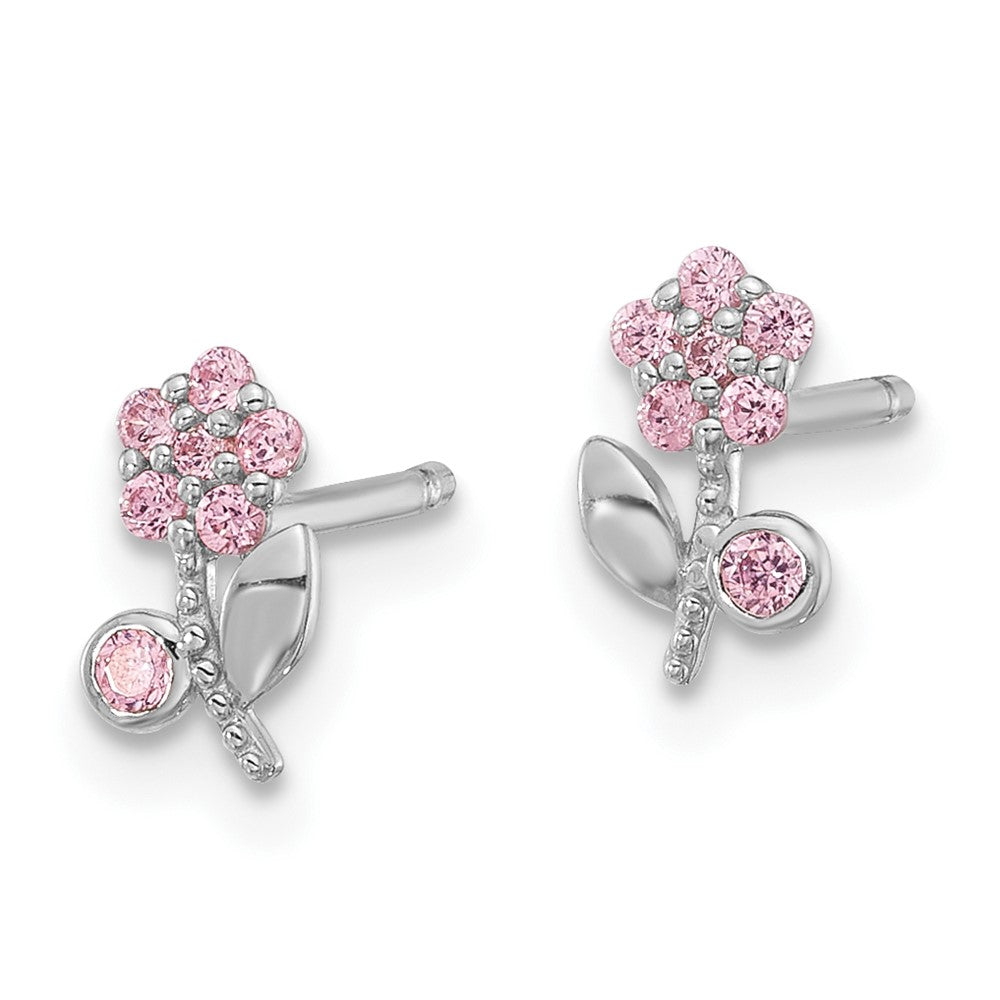 Sterling Silver Rhodium-Plated Polished Pink CZ Flower Post Earrings