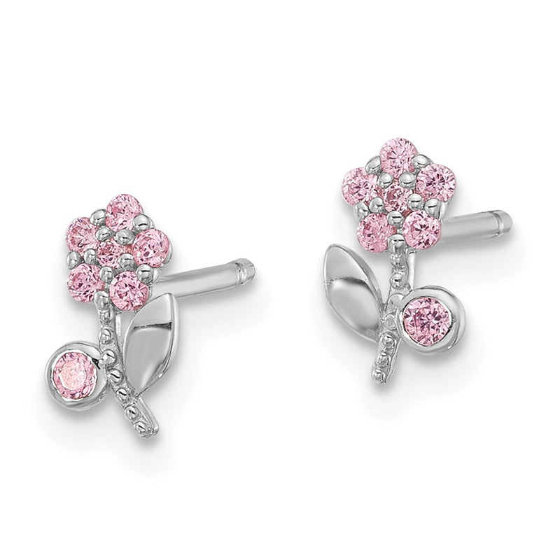 Sterling Silver Rhodium-Plated Polished Pink CZ Flower Post Earrings
