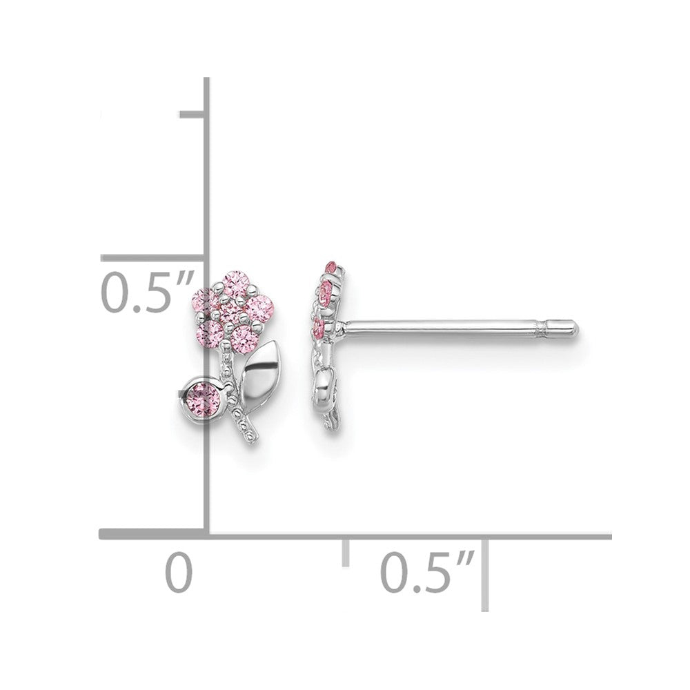 Sterling Silver Rhodium-Plated Polished Pink CZ Flower Post Earrings