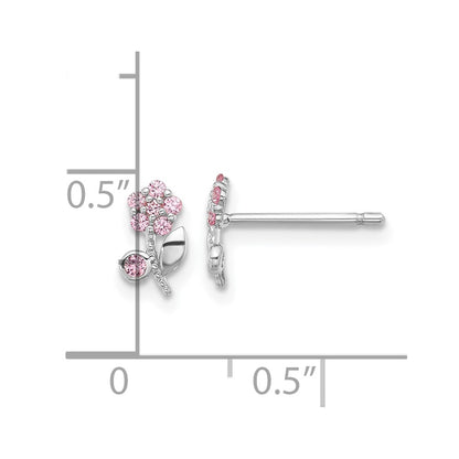 Sterling Silver Rhodium-Plated Polished Pink CZ Flower Post Earrings