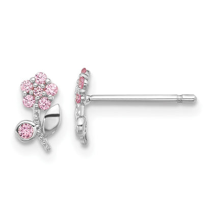 Sterling Silver Rhodium-Plated Polished Pink CZ Flower Post Earrings