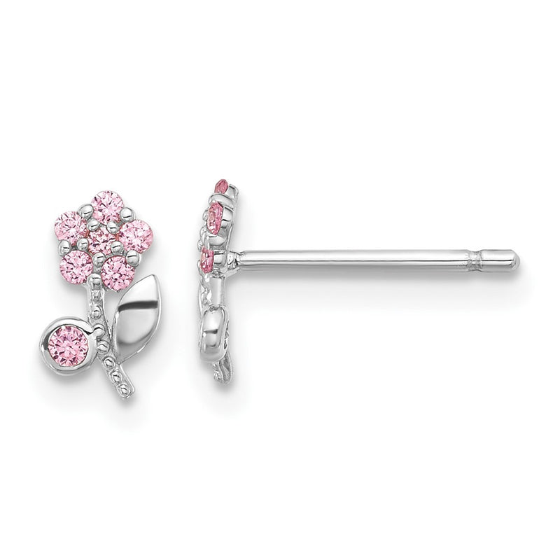Sterling Silver Rhodium-Plated Polished Pink CZ Flower Post Earrings
