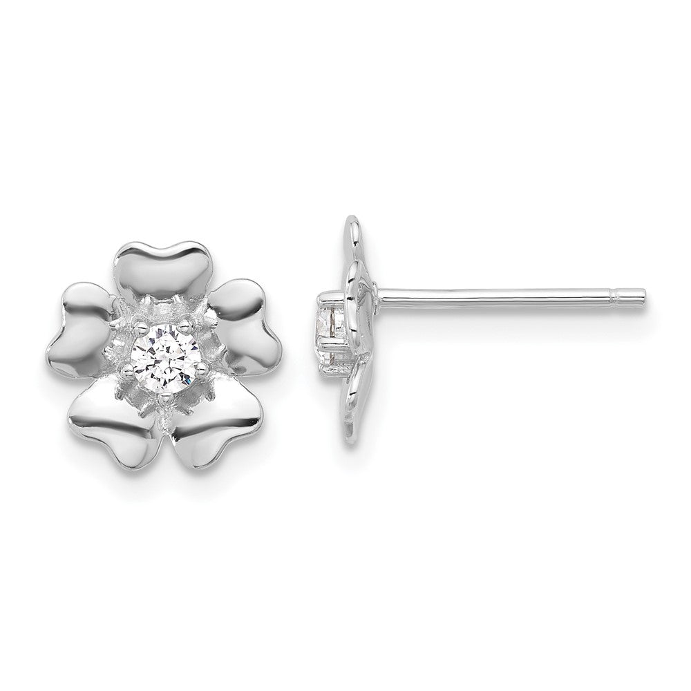 Sterling Silver Rhodium-Plated CZ Flower Post Earrings