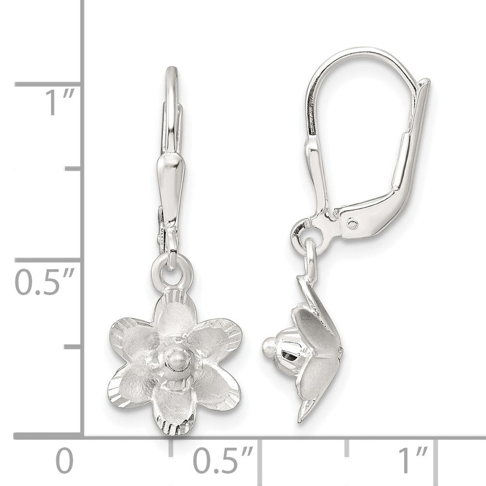 Sterling Silver Satin Polished and D/c Floral Leverback Earrings