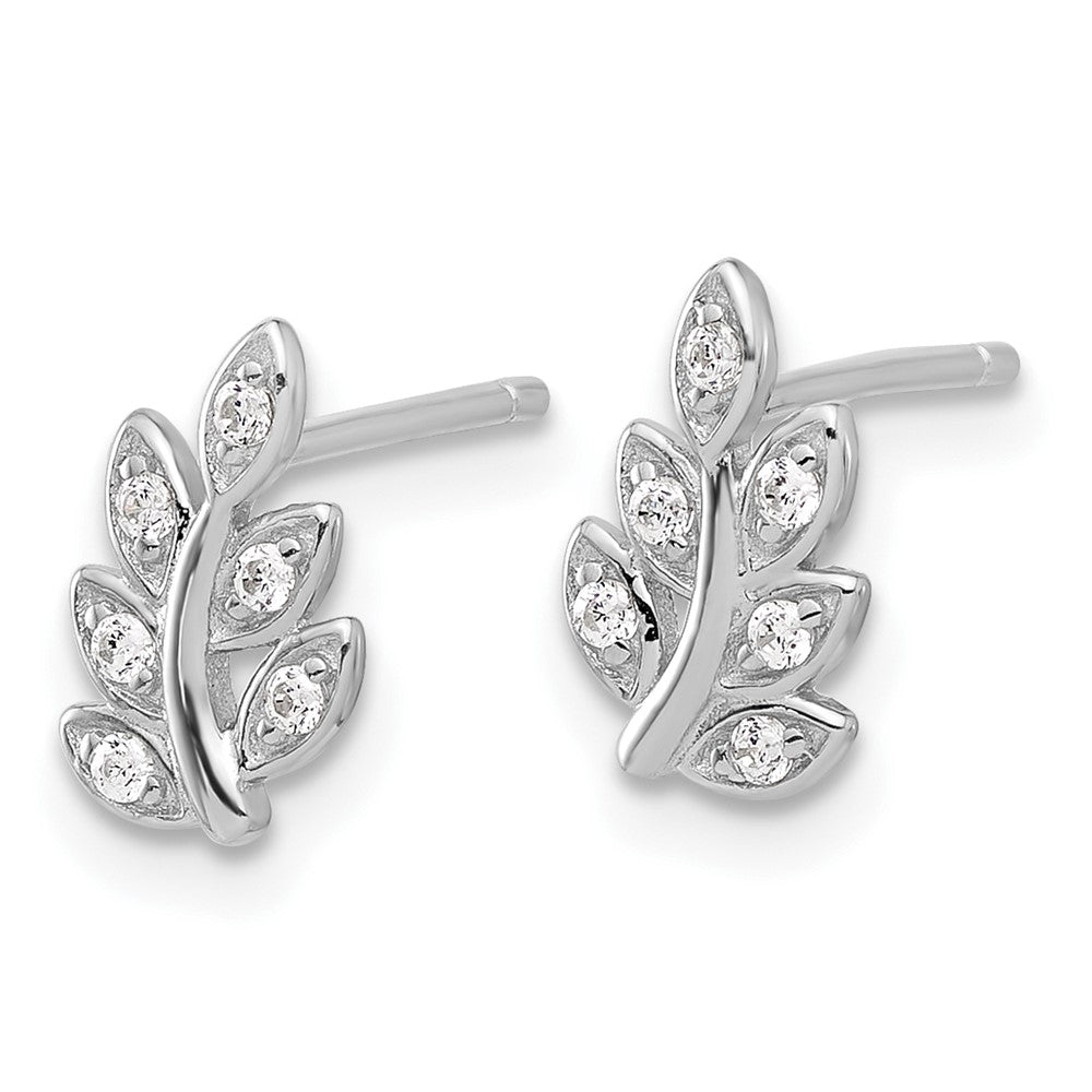 Sterling Silver Rhodium-Plated CZ Leaf Post Earrings