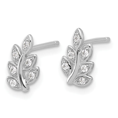 Sterling Silver Rhodium-Plated CZ Leaf Post Earrings