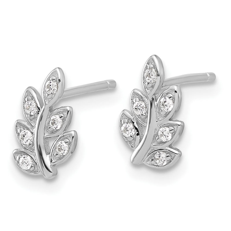 Sterling Silver Rhodium-Plated CZ Leaf Post Earrings