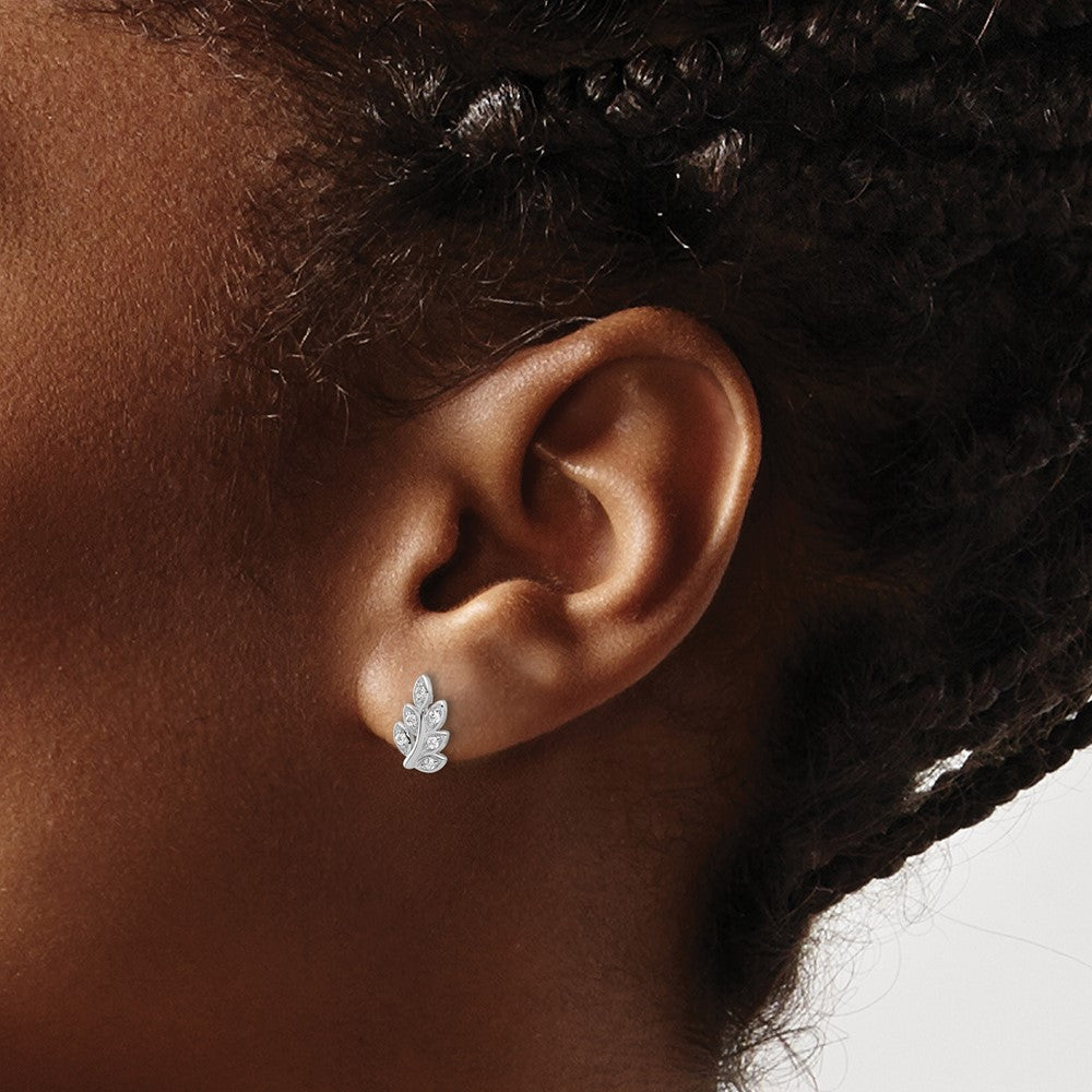 Sterling Silver Rhodium-Plated CZ Leaf Post Earrings