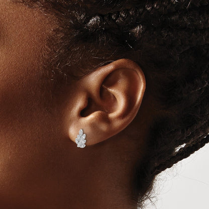 Sterling Silver Rhodium-Plated CZ Leaf Post Earrings
