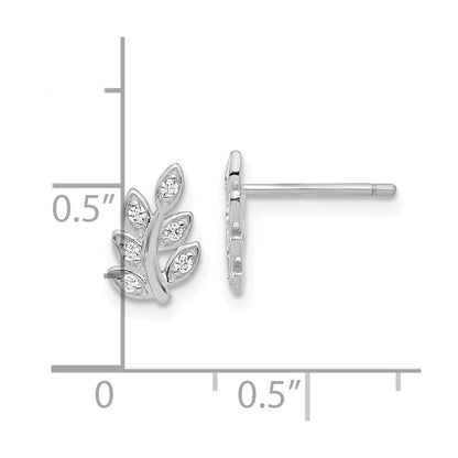Sterling Silver Rhodium-Plated CZ Leaf Post Earrings