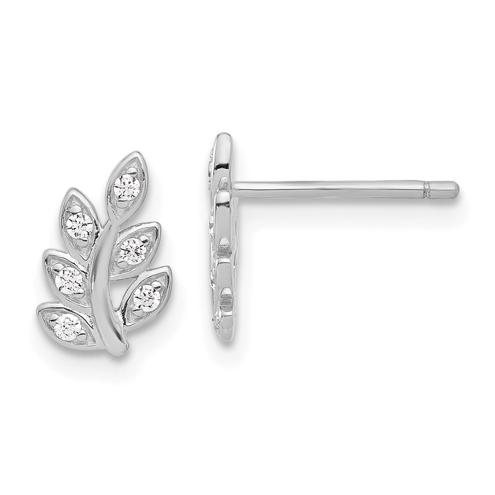 Sterling Silver Rhodium-Plated CZ Leaf Post Earrings