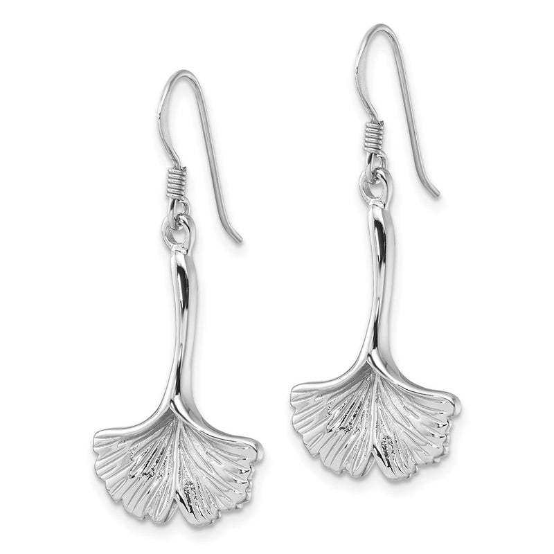 Sterling Silver Rhodium Plated Polished Grooved Ginkgo Leaf Dangle Earrings